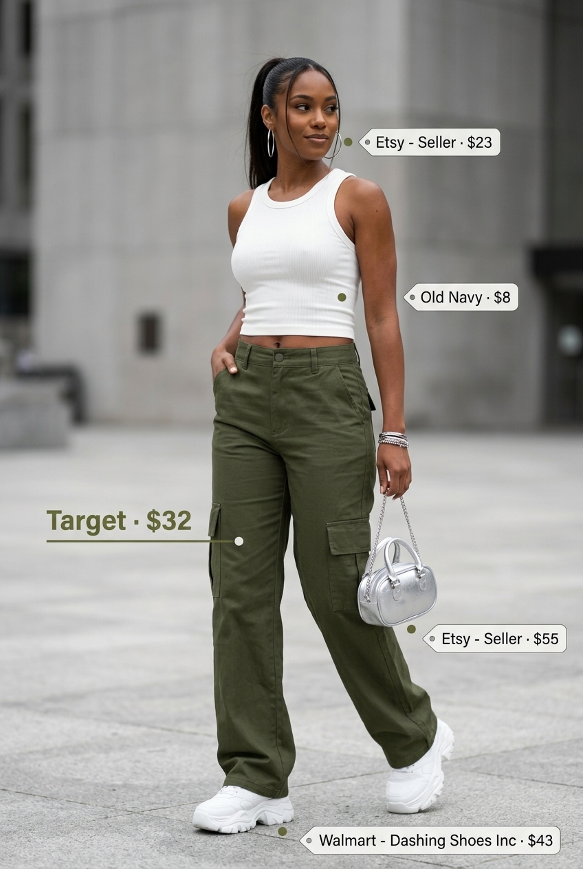 Khaki cargo pants and white tank for hot summer outfits for women 2026, great for city exploration and travel.