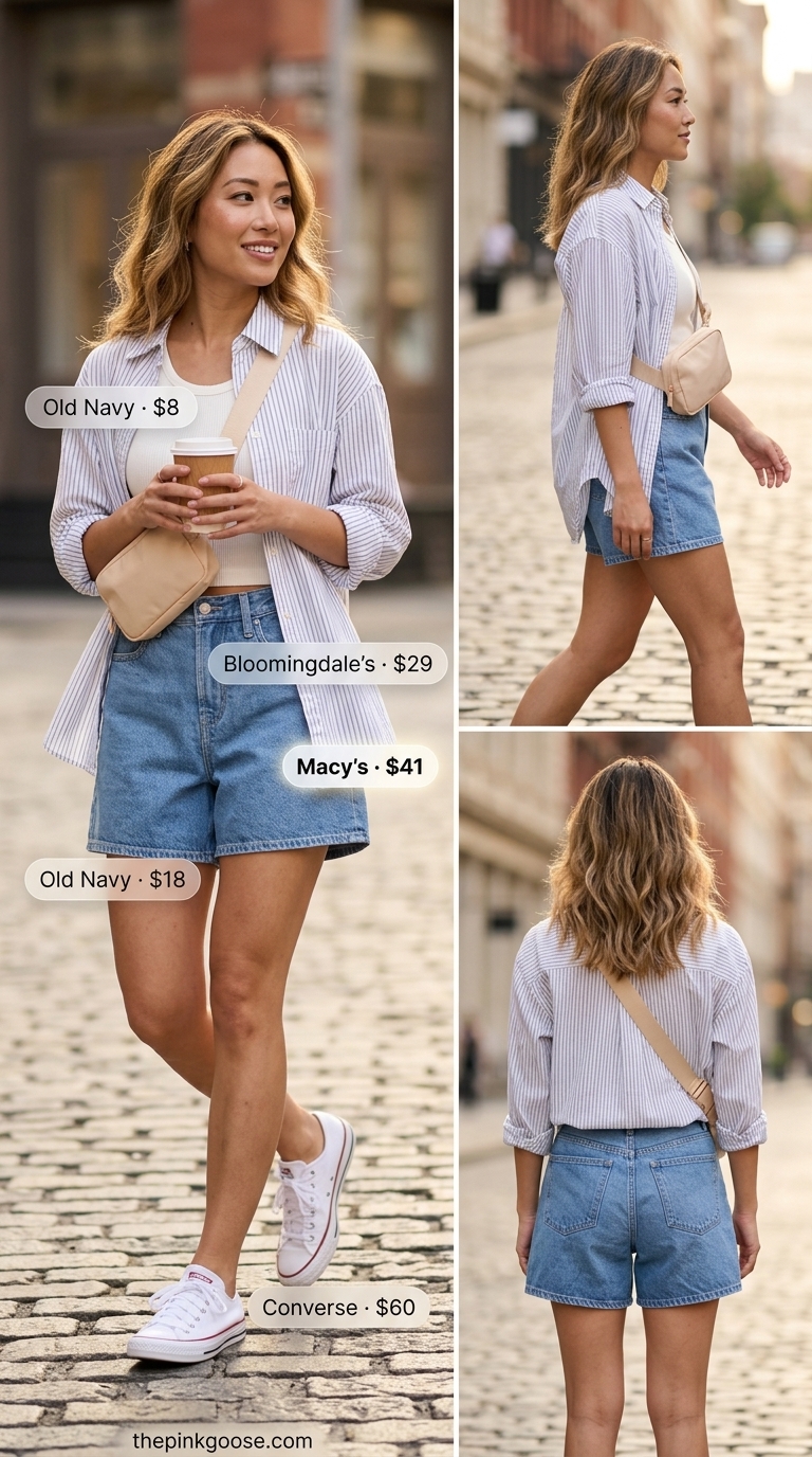 Hot summer outfits for women 2026: Casual light blue stripe oversized shirt with denim shorts and canvas belt bag.