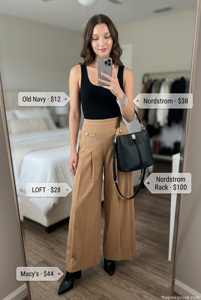 Hot summer outfits for women 2026: Chic camel wide-leg pants, black bodysuit, and heeled mules for an evening event.