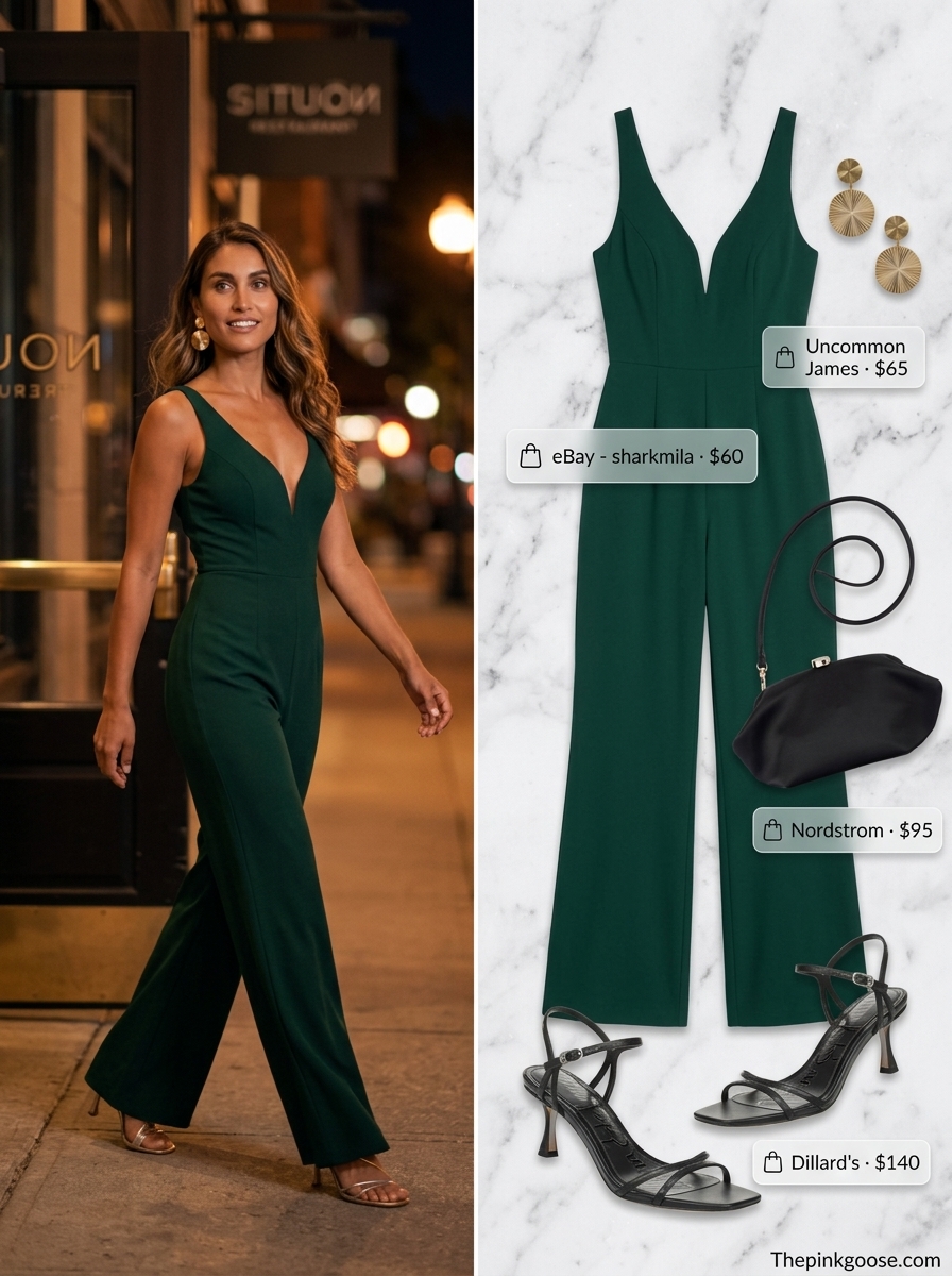 Elegant emerald green jumpsuit for hot summer outfits for women 2026, perfect for evening events and cocktail parties.
