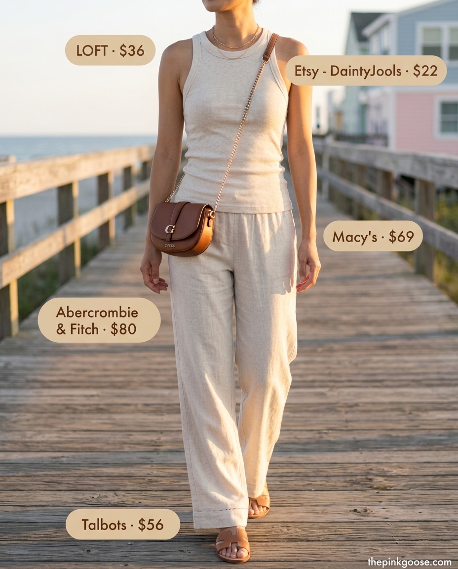 Cream linen pants for hot summer outfits for women 2026, perfect for casual days and beach town strolls.