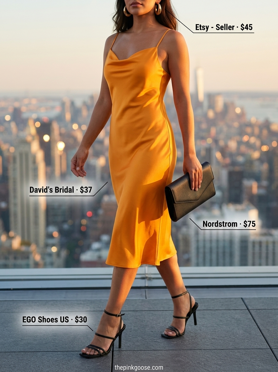Mango orange slip dress for hot summer outfits for women 2026, ideal for rooftop dinners and date nights.