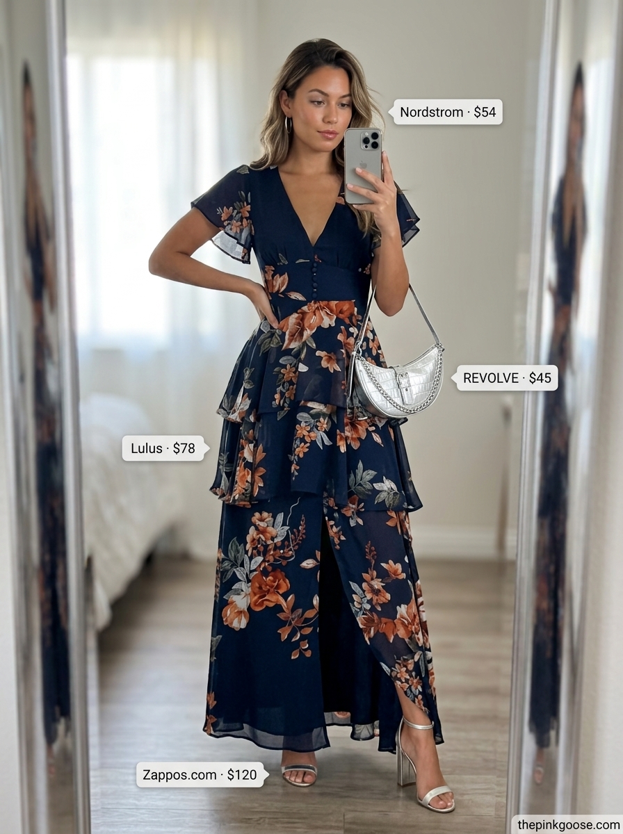 Navy floral maxi dress for hot summer outfits for women 2026, suitable for summer evenings and casual wedding guests.