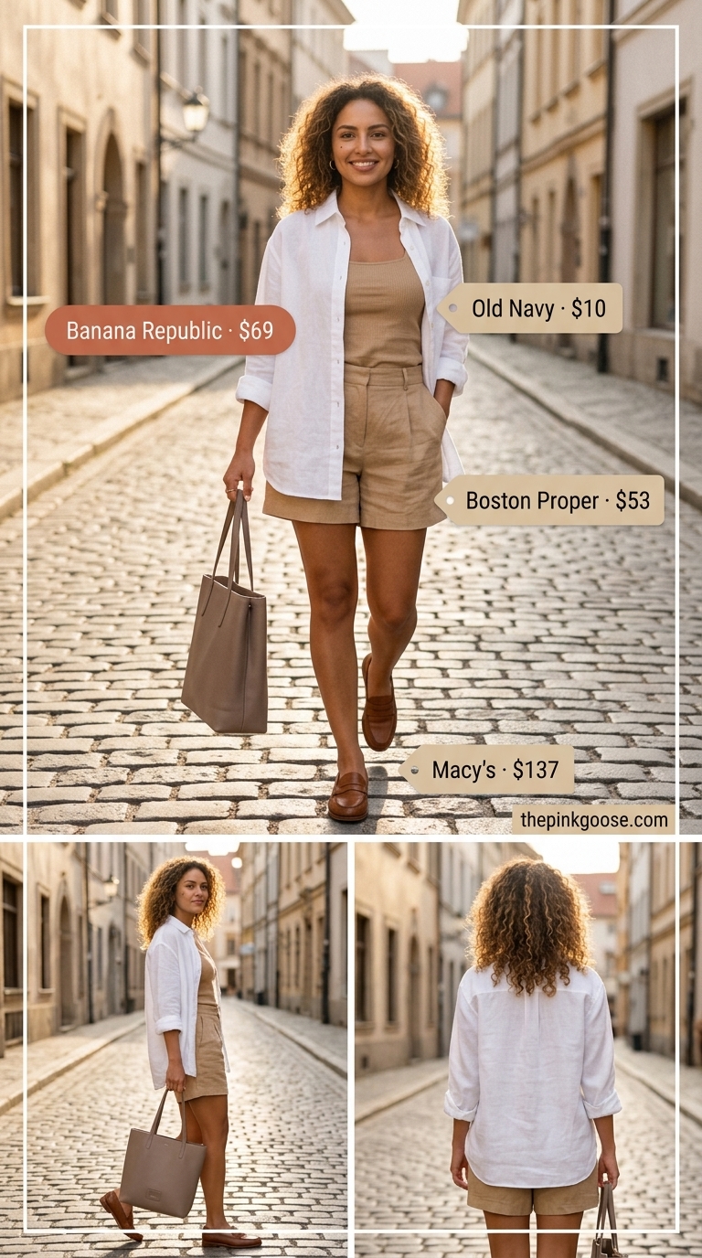 Hot summer outfits for women 2026: Minimalist white linen shirt and beige linen shorts with leather loafers for errands.