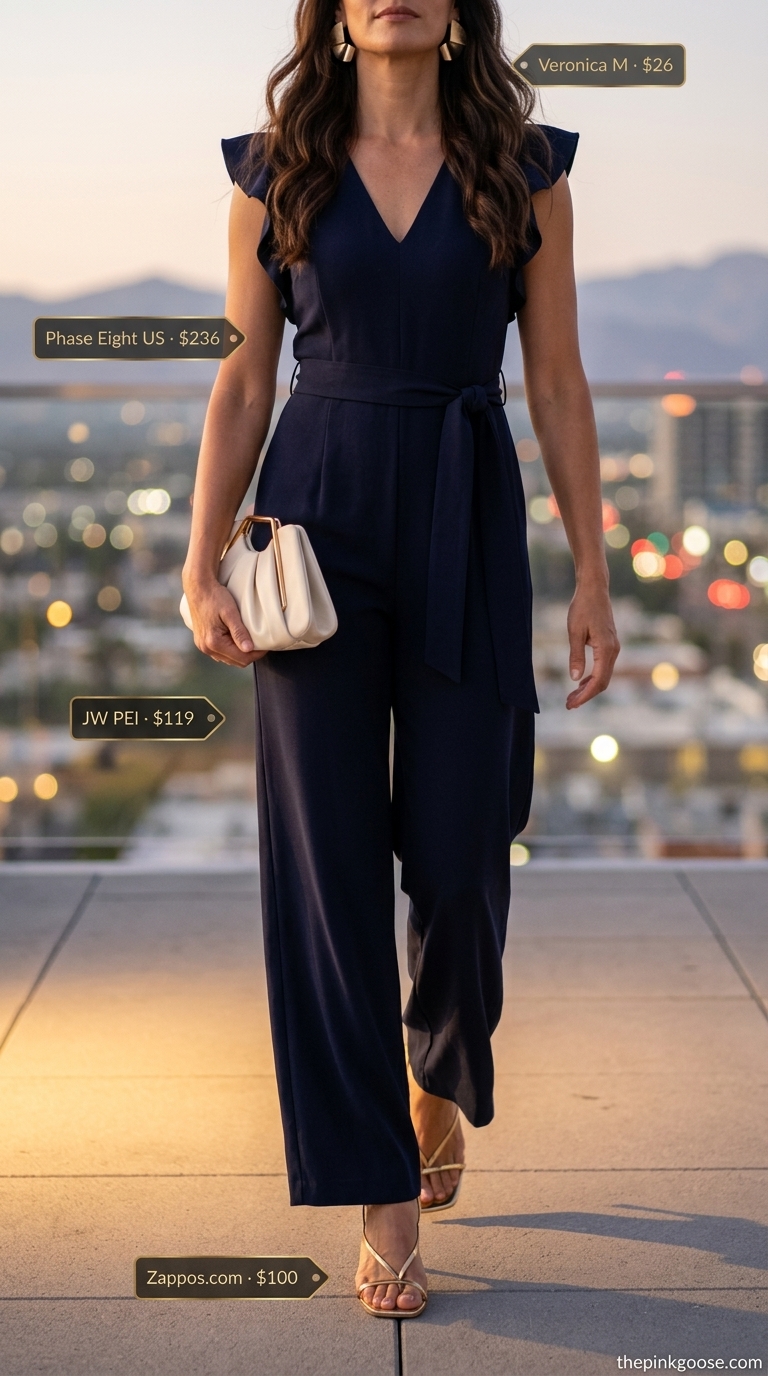 Navy wide-leg jumpsuit for hot summer outfits for women 2026, ideal for cocktail parties and summer evening events.