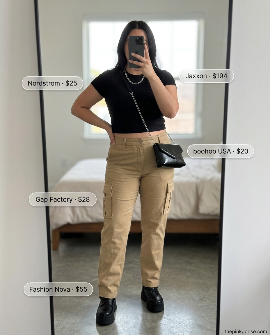 Hot summer outfits for women 2026: Edgy khaki cargo pants, black cropped tee, and combat boots for a cool city look.