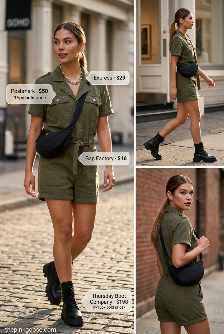 Hot summer outfits for women 2026: Edgy olive green utility jumpsuit with combat boots and silver chain for city exploration.