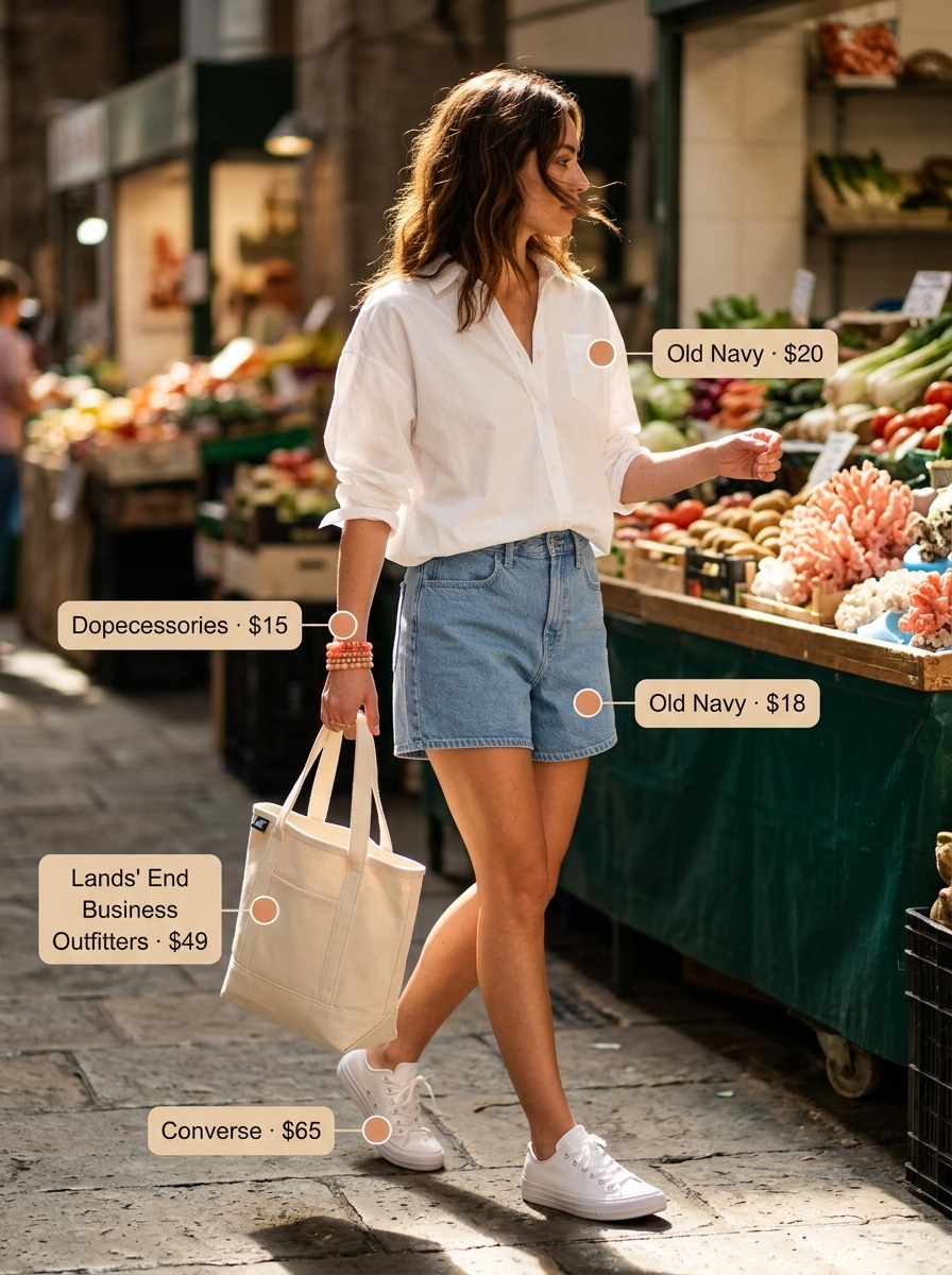 Hot summer outfits for women 2026: Relaxed white oversized shirt over denim shorts with coral beads for weekend vibes.