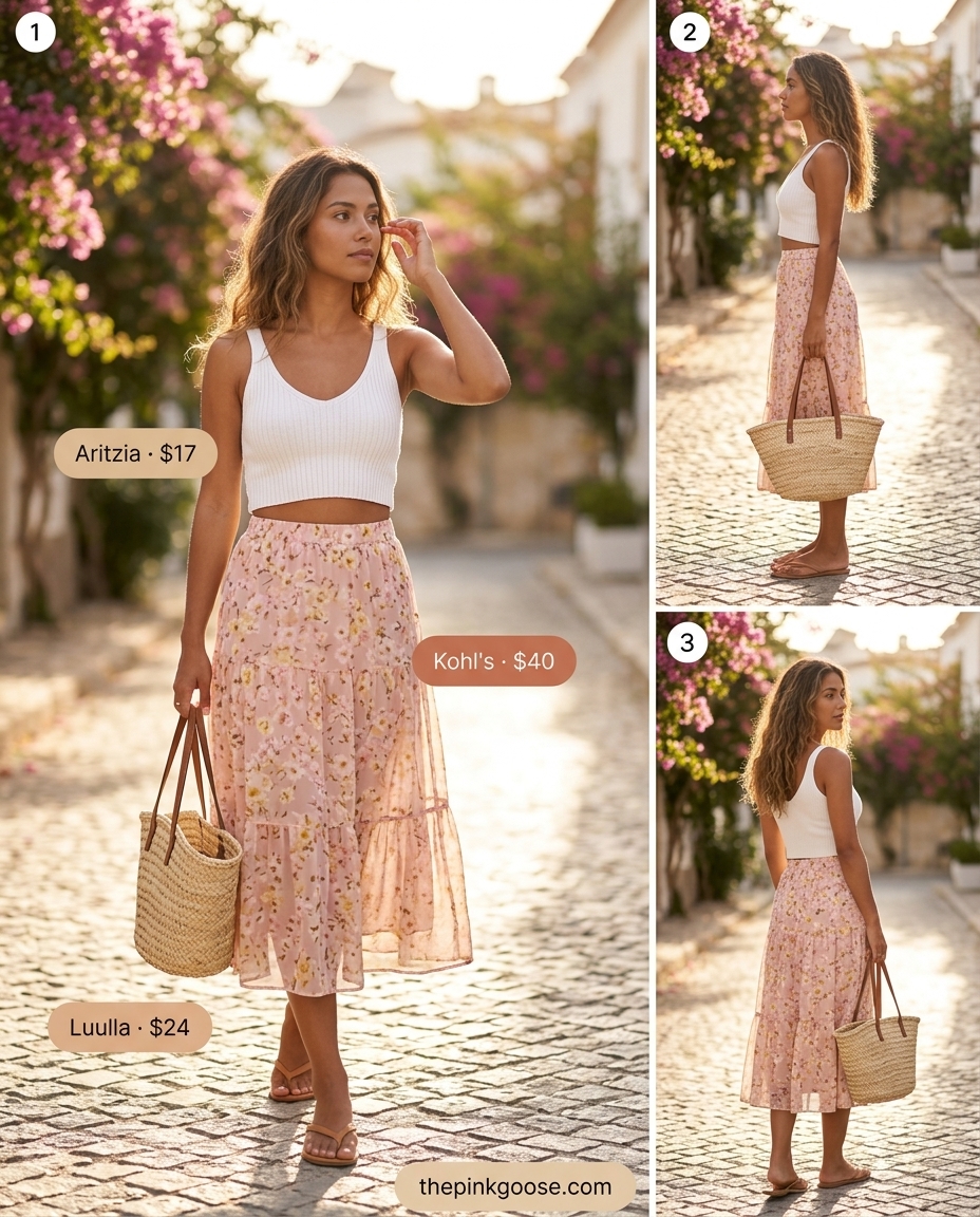 Hot summer outfits for women 2026: Floral maxi skirt, white crop top, and leather sandals for bohemian festival style.