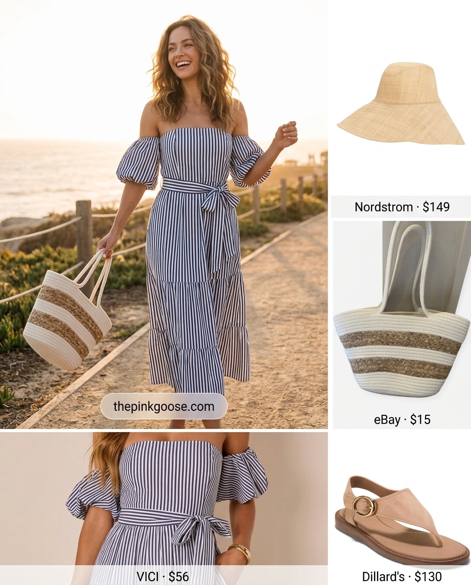 Hot summer outfits for women 2026: Navy and white striped maxi dress with leather sandals for coastal vacation style.