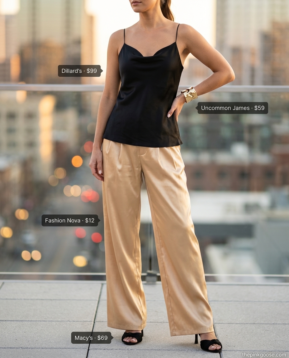 Hot summer outfits for women 2026: Gold satin wide-leg pants, black camisole, and heels for glamorous evening style.