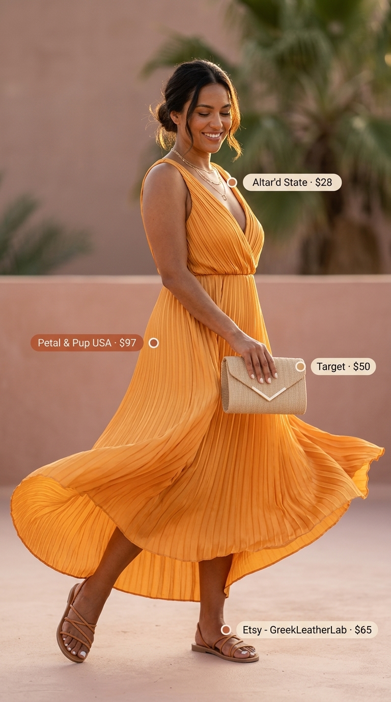 Hot summer outfits for women 2026: Marigold orange maxi dress, flat sandals, and layered gold necklaces for golden hour.