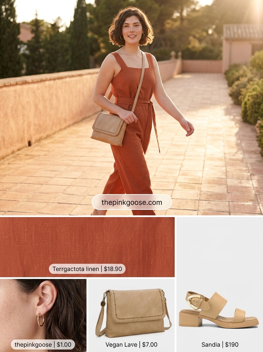 Hot summer outfits for women 2026: Terracotta romper, cream sandals, and tan crossbody for playful daytime style.