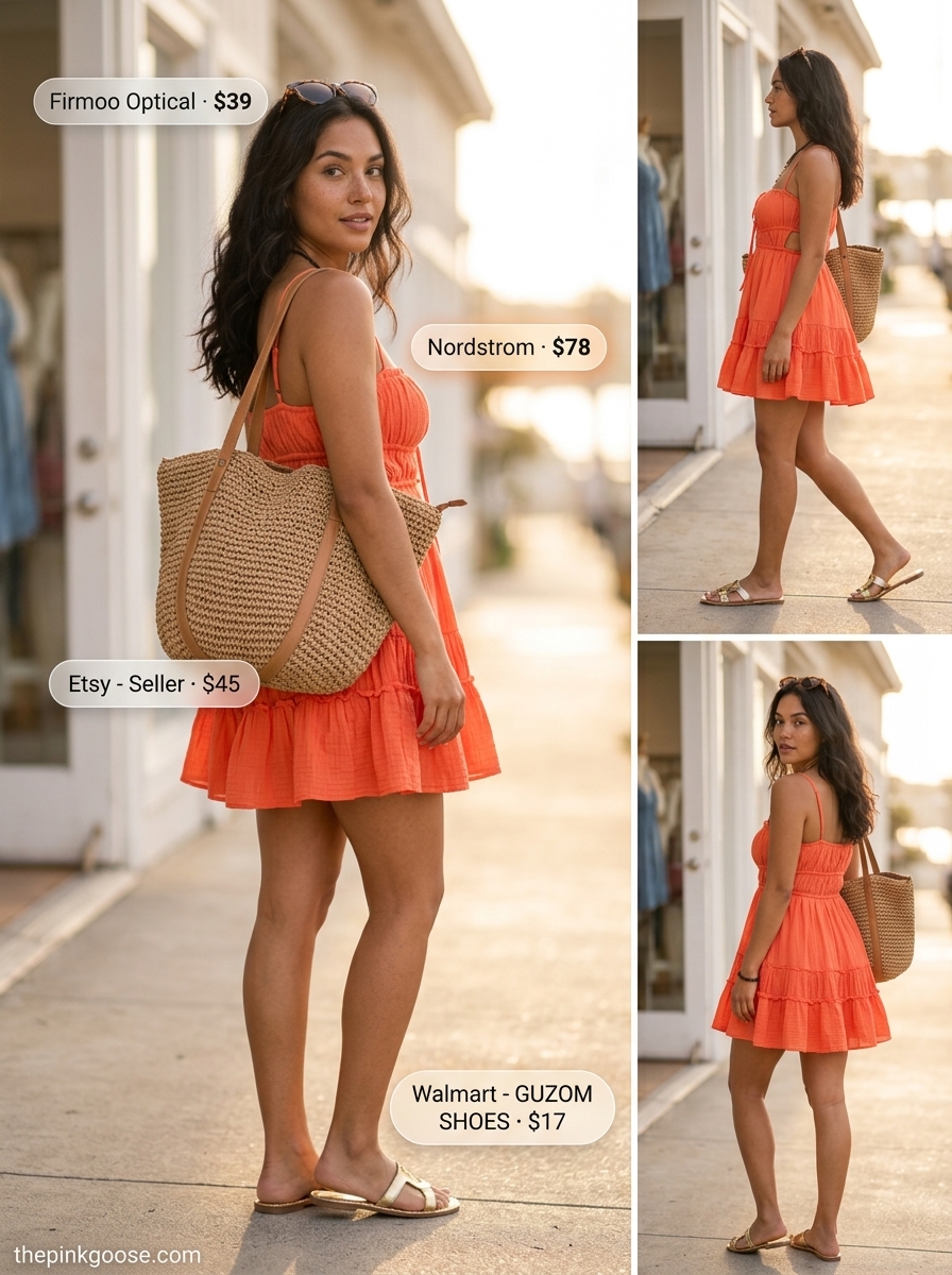 Hot summer outfits for women 2026: Coral mini sundress, metallic gold slides, and straw tote for poolside glamour.