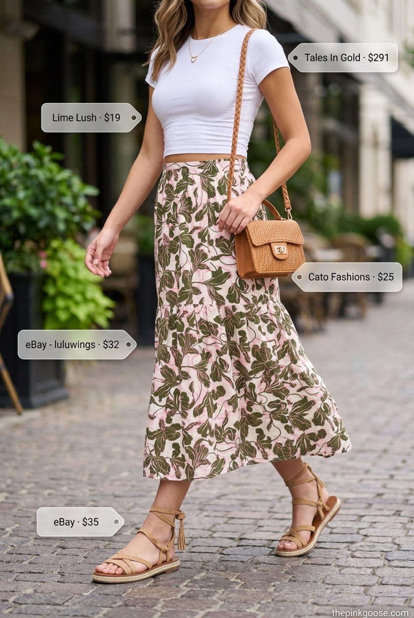 Hot summer outfits for women 2026: Floral midi skirt, white crop top, and espadrilles for playful brunch style.