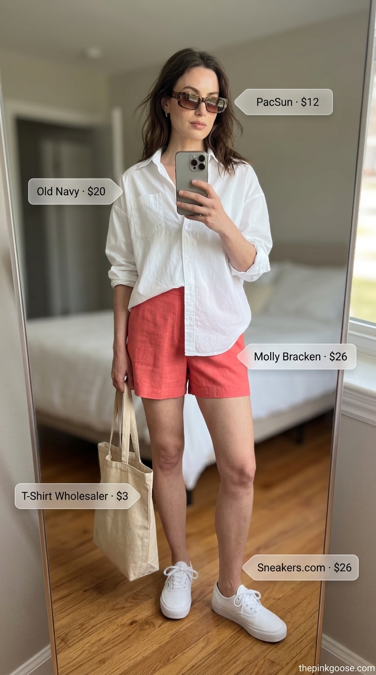 Hot summer outfits for women 2026: Coral linen shorts, white button-down, and canvas sneakers for a relaxed weekend look.