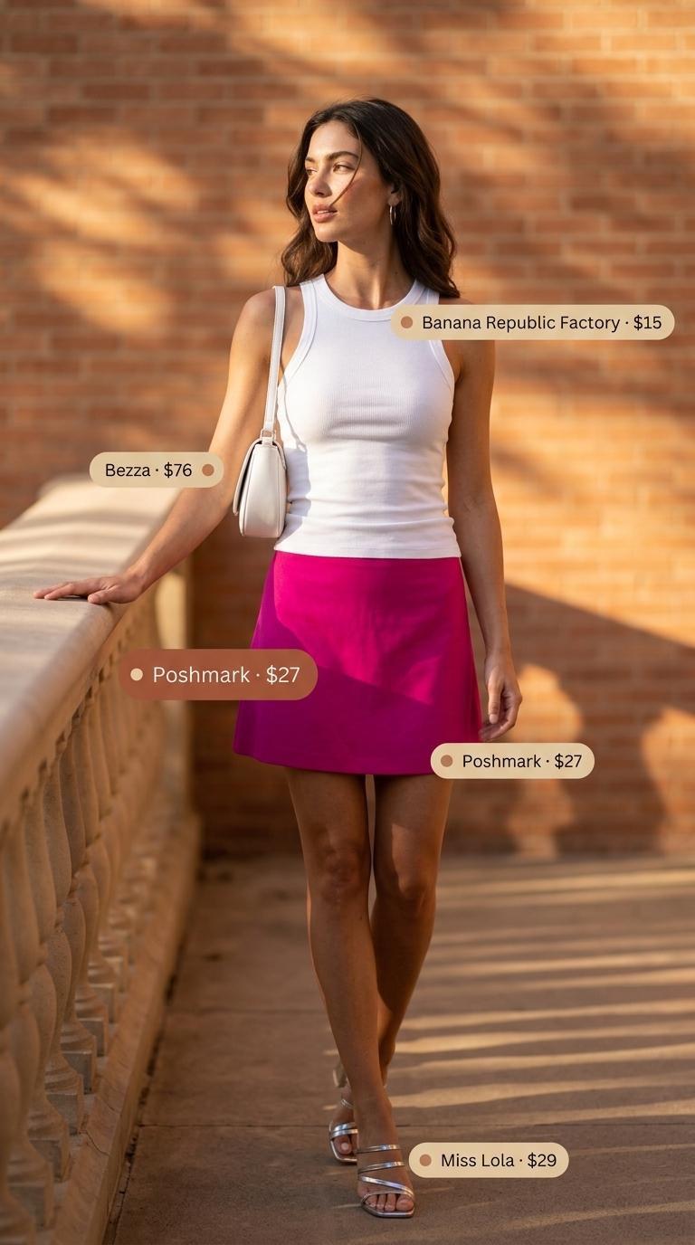 Hot weather summer outfits for women 2026: Pink mini skirt, white tank, and silver mules for a playful date night.