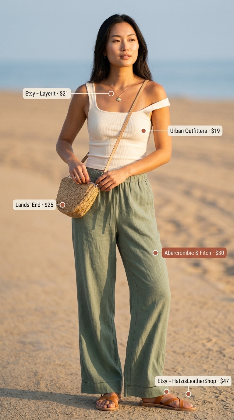 Hot weather summer outfits for women 2026: Sage green linen pants, cream crop top, and straw bag for a coastal vibe.