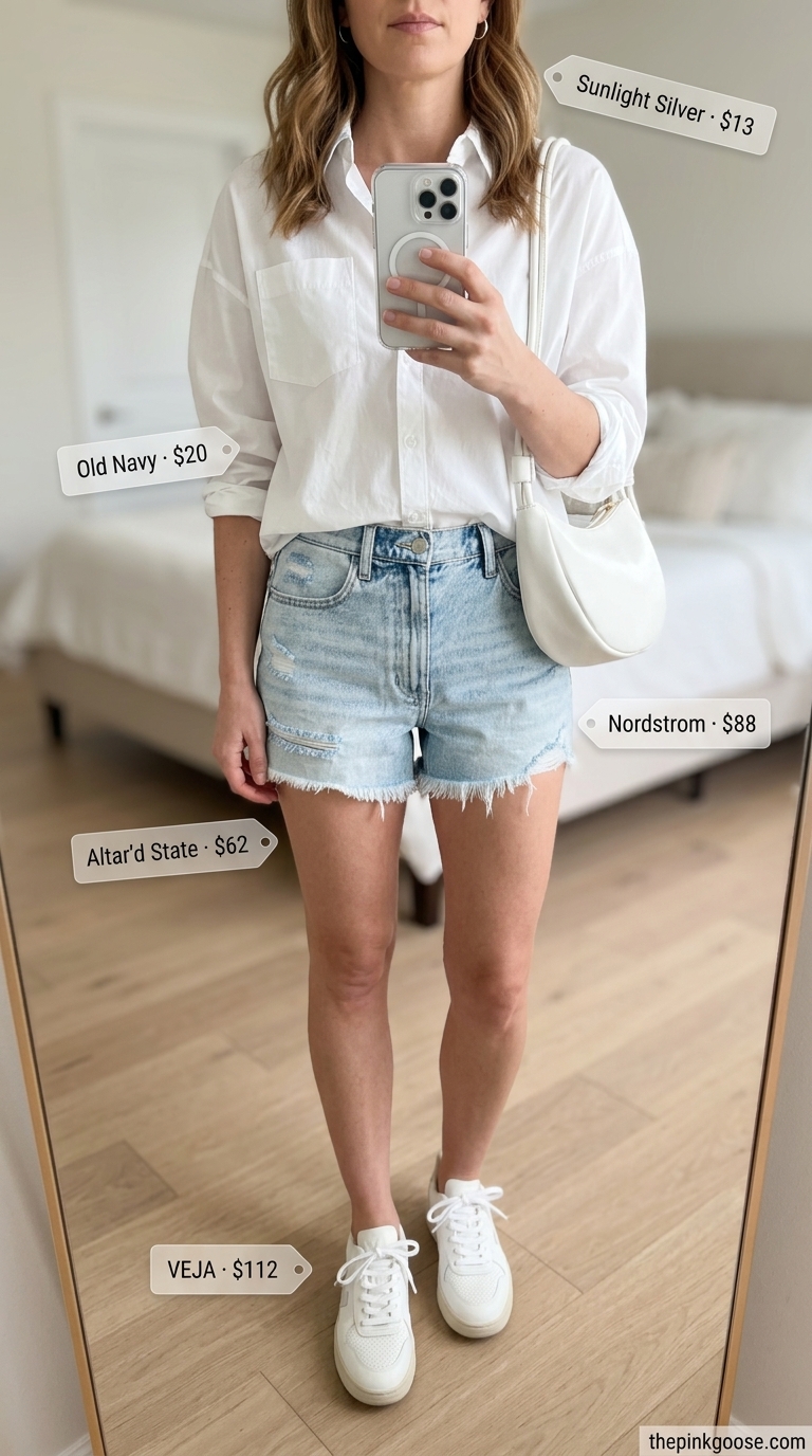 Denim shorts & white shirt for hot weather summer outfits for women 2026. City break cool.