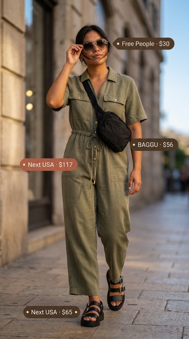 Hot weather summer outfits for women 2026: Khaki utility jumpsuit, black sandals, and aviator sunglasses for travel.