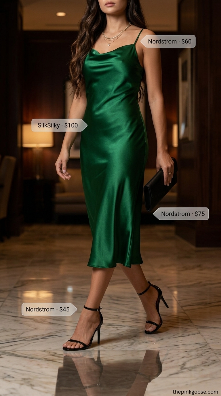 Hot weather summer outfits for women 2026: Emerald green satin slip dress with gold jewelry for date night.