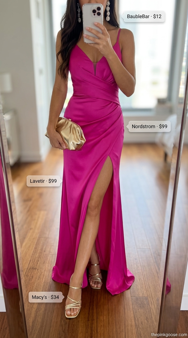 Fuchsia maxi dress for hot weather summer outfits for women 2026. Glamorous resort dinner style.