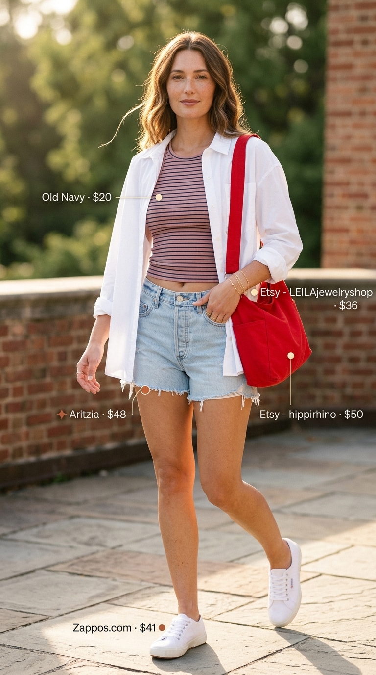 Hot weather summer outfits for women 2026: Casual Americana look with denim shorts, white shirt, and red bag.