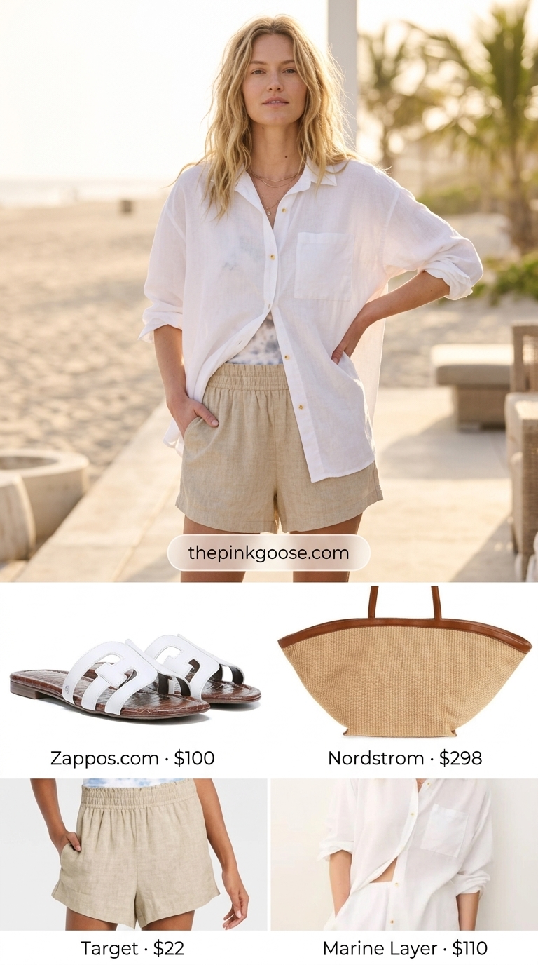 White linen shirt & shorts for hot weather summer outfits for women 2026. Beach club cool.