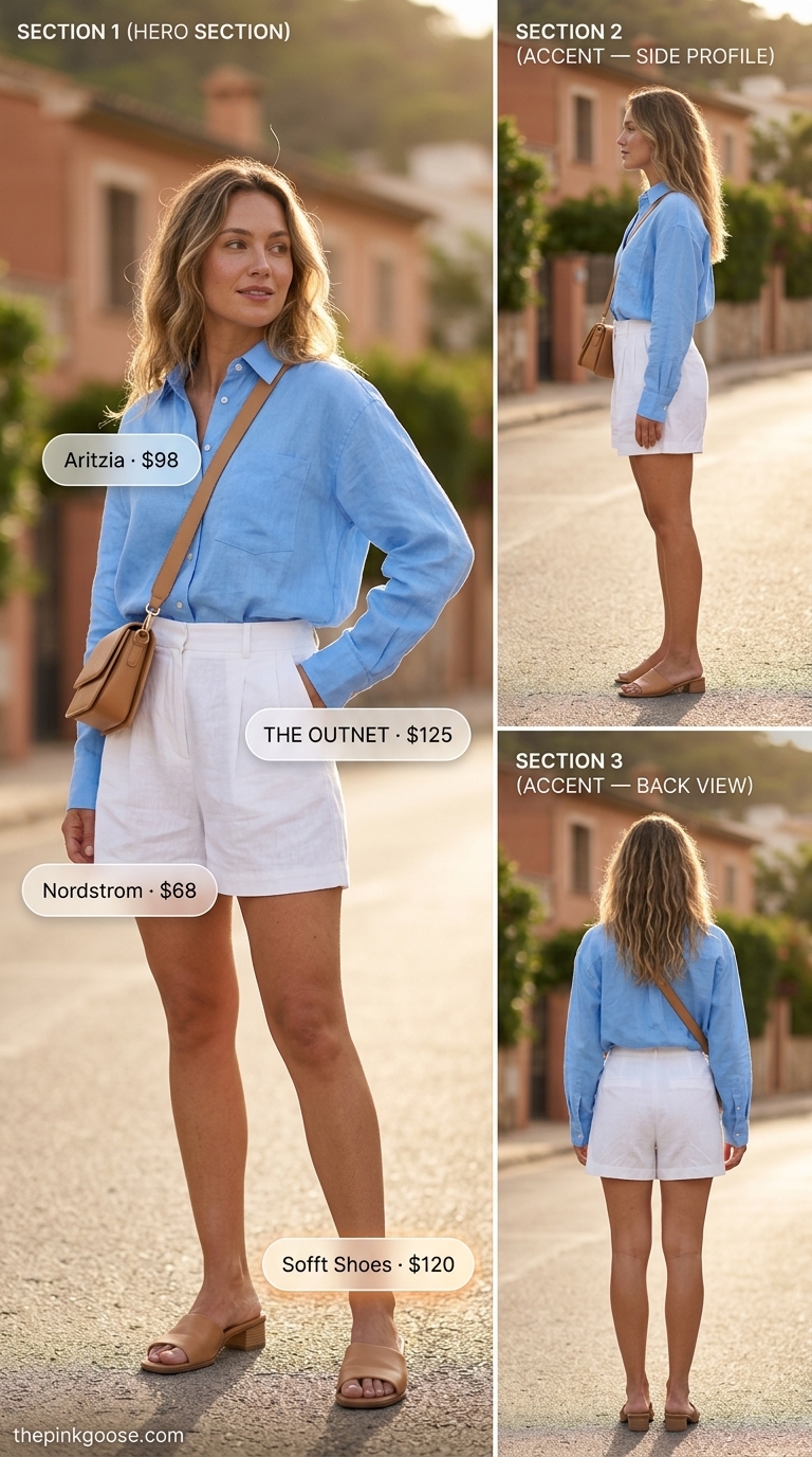 Hot weather summer outfits for women 2026: White linen shorts, sky blue sheer shirt, tan sandals for summer lunch.