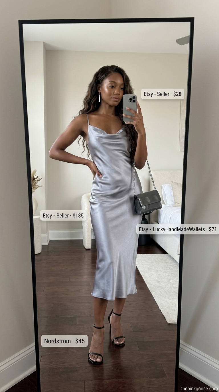 Hot weather summer outfits for women 2026: Charcoal satin slip dress, black heels, and silver accessories for date night.