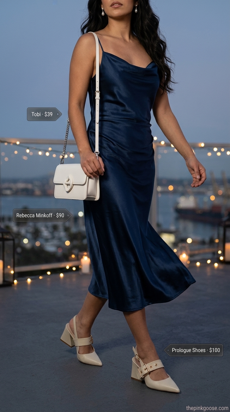 Hot weather summer outfits for women 2026: Navy satin slip dress with pearl earrings for a chic evening event.