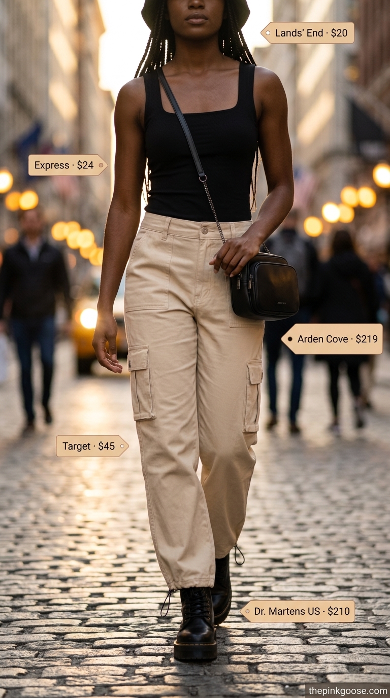 Hot weather summer outfits for women 2026: Safari-inspired cargo pants, black tank, and bucket hat for city exploring.