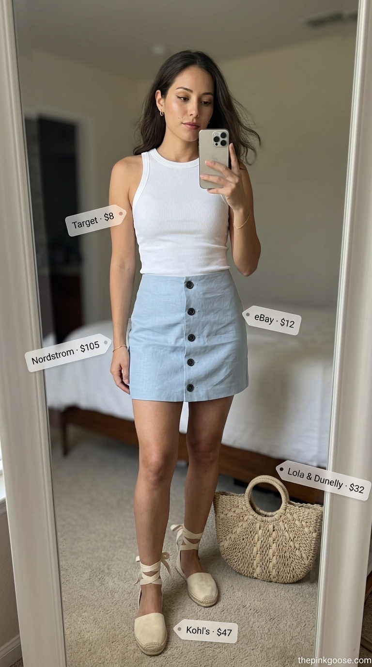 Sky blue mini skirt outfit for hot weather summer outfits for women 2026. Seaside lunch style.