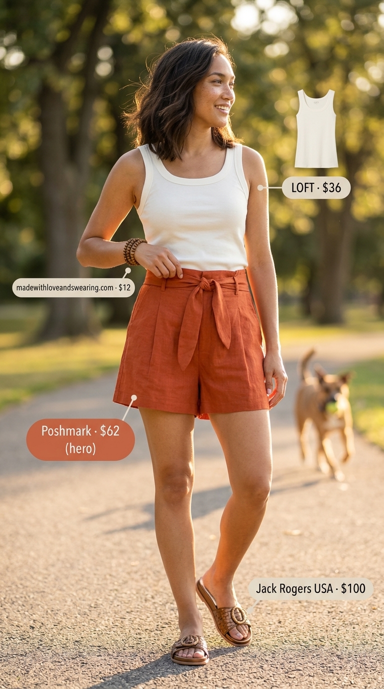 Hot weather summer outfits for women 2026: Terracotta linen shorts, ivory tank, and raffia bag for a natural look.