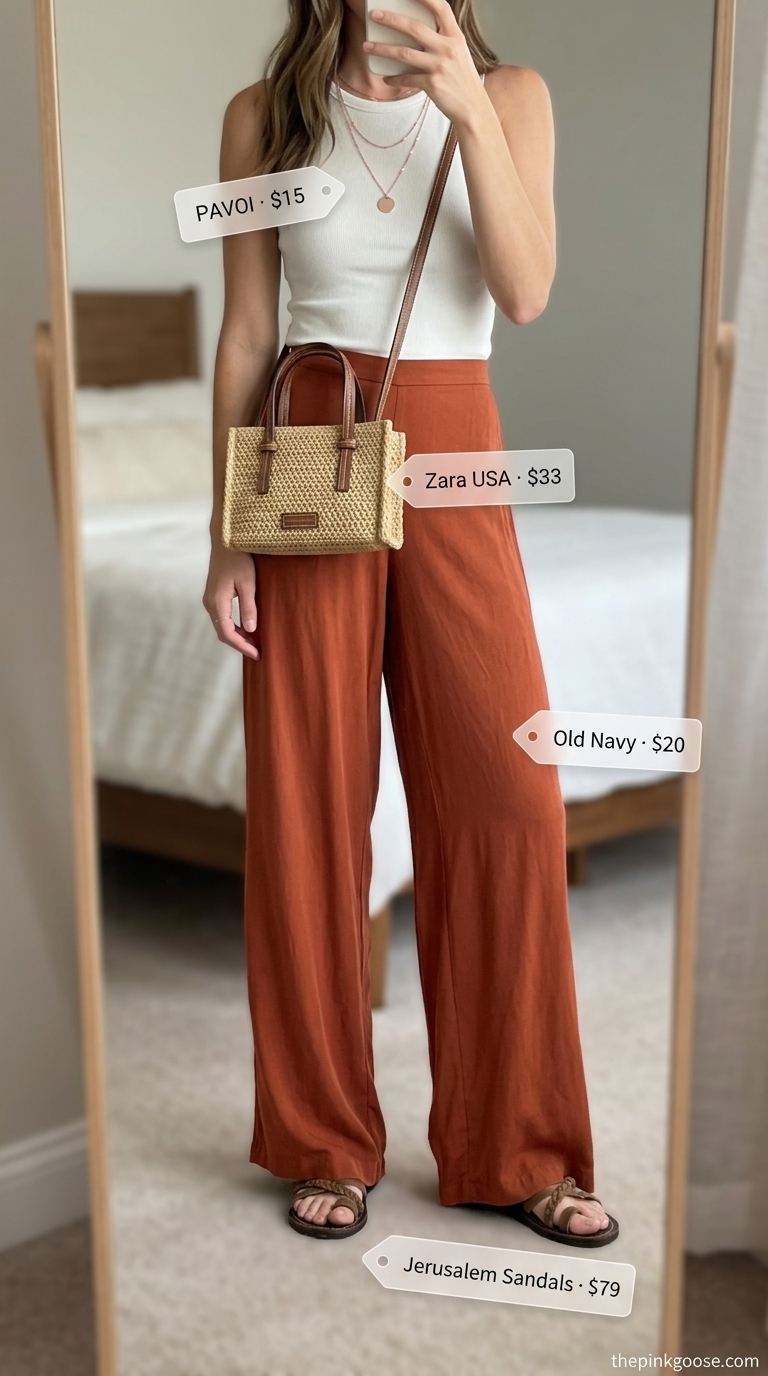 Terracotta linen pants outfit for hot weather summer outfits for women 2026. Effortless boho style.