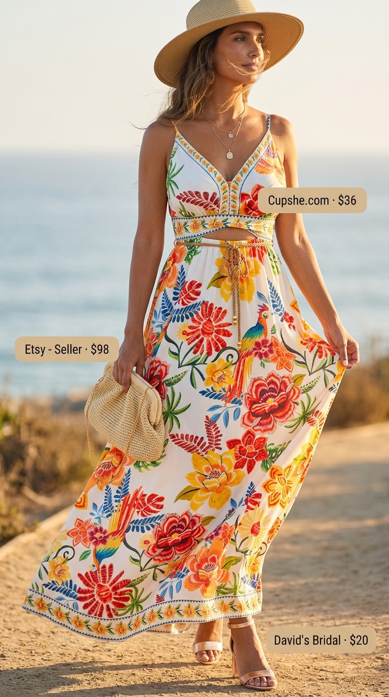 Hot weather summer outfits for women 2026: Flowy tropical print maxi dress for resort dinner. Gold hoops & sandals.