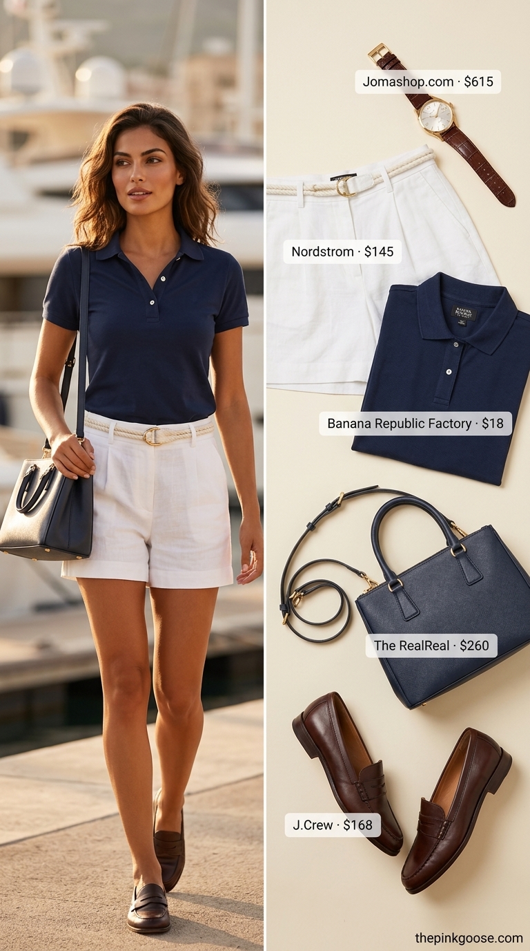 White tailored shorts & polo for hot weather summer outfits for women 2026. Yacht club chic.