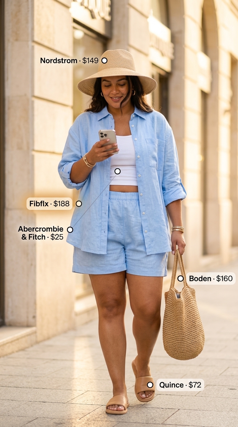 Hourglass curvy outfit summer 2026: Soft blue linen set, straw hat & tote, leather slides. Relaxed vacation style.