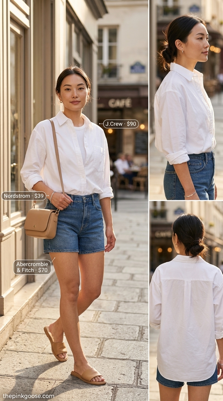 Hourglass curvy outfit summer 2026: Casual denim shorts, oversized white shirt, tan sandals for brunch.