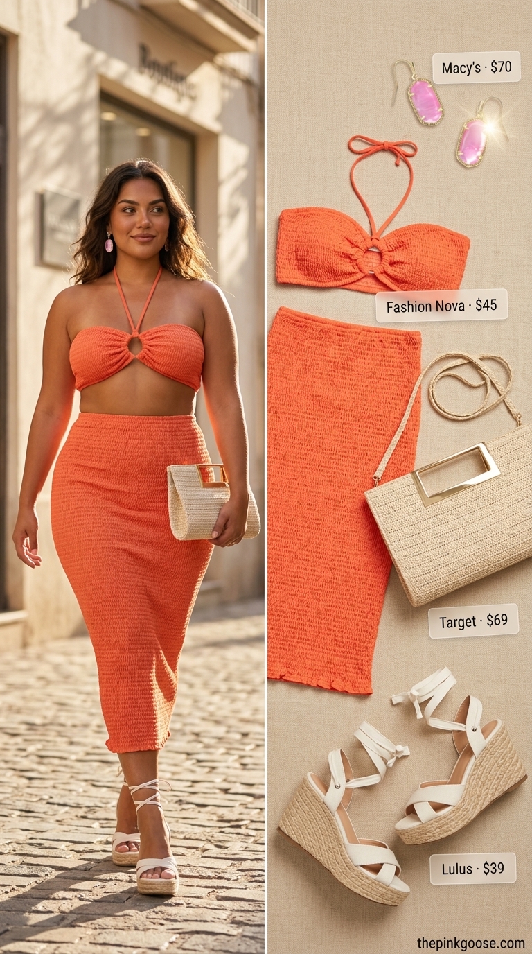 Hourglass curvy outfit summer 2026: Coral midi skirt set, espadrille wedges, straw clutch. Vibrant party look.