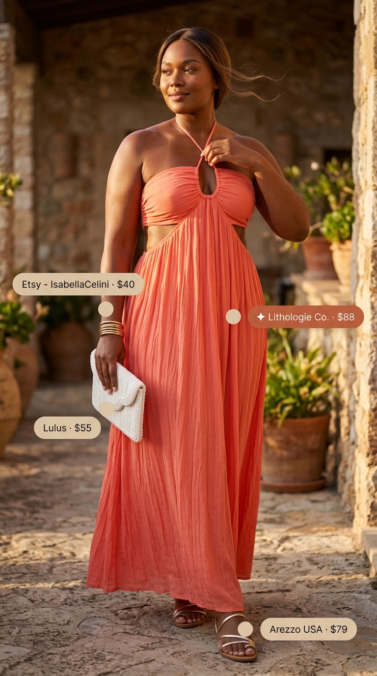 Hourglass curvy outfit summer 2026: Coral maxi dress with gold sandals and beaded clutch for a beachside dinner.