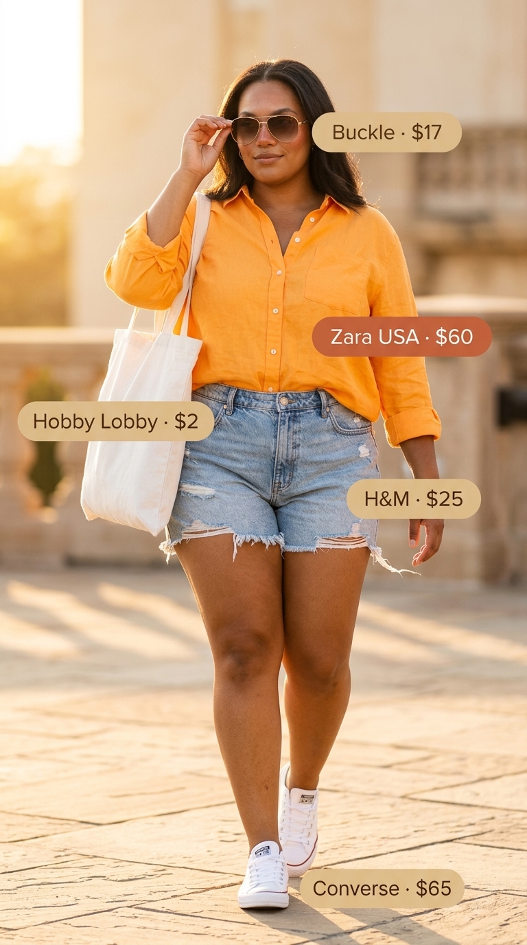 Hourglass curvy outfit summer 2026: Denim shorts, citrus orange shirt, white sneakers. Casual brunch style.