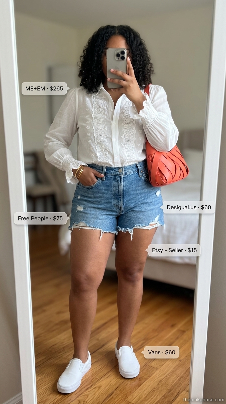 Hourglass curvy outfit summer 2026: Denim shorts with embroidered white blouse and coral crossbody for a casual day.
