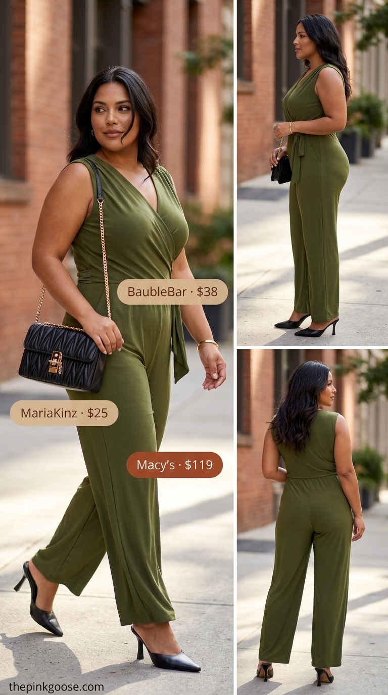 Hourglass curvy outfit summer 2026: Olive green wide-leg jumpsuit with black mules and gold bangle.
