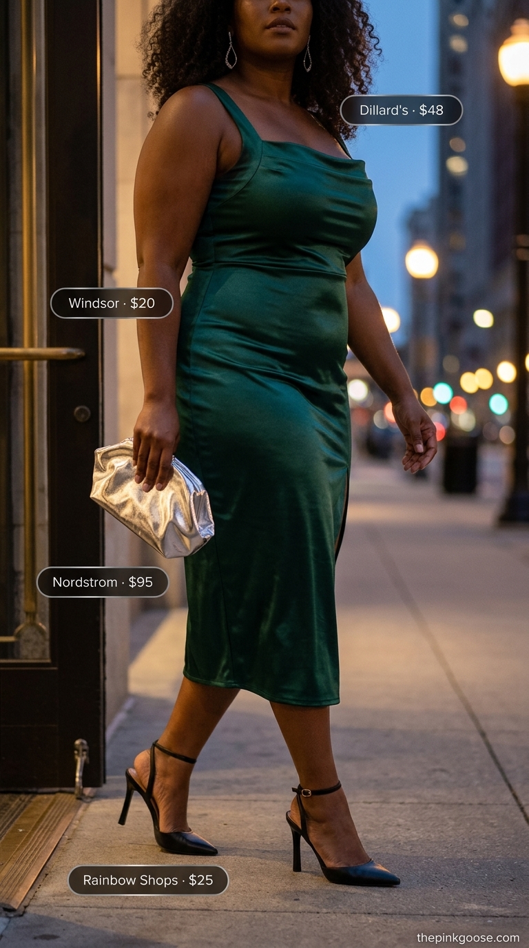 Hourglass curvy outfit summer 2026: Emerald green slip dress with black heels and silver clutch for date night.