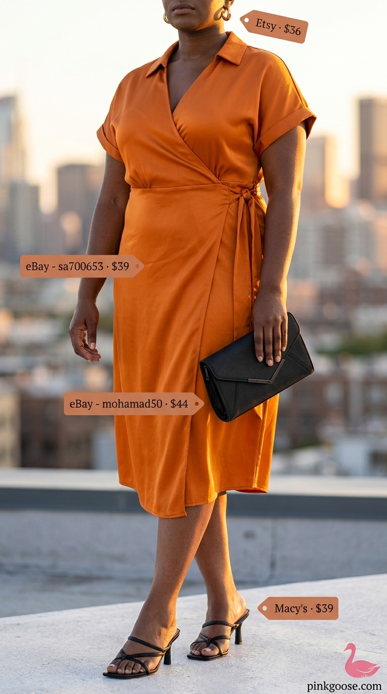 Hourglass curvy outfit summer 2026: Mango orange satin midi wrap dress for date night or wedding guest.