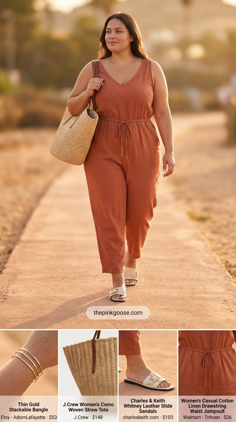 Hourglass curvy outfit summer 2026: Terracotta linen romper with cream sandals and straw tote for a relaxed day.