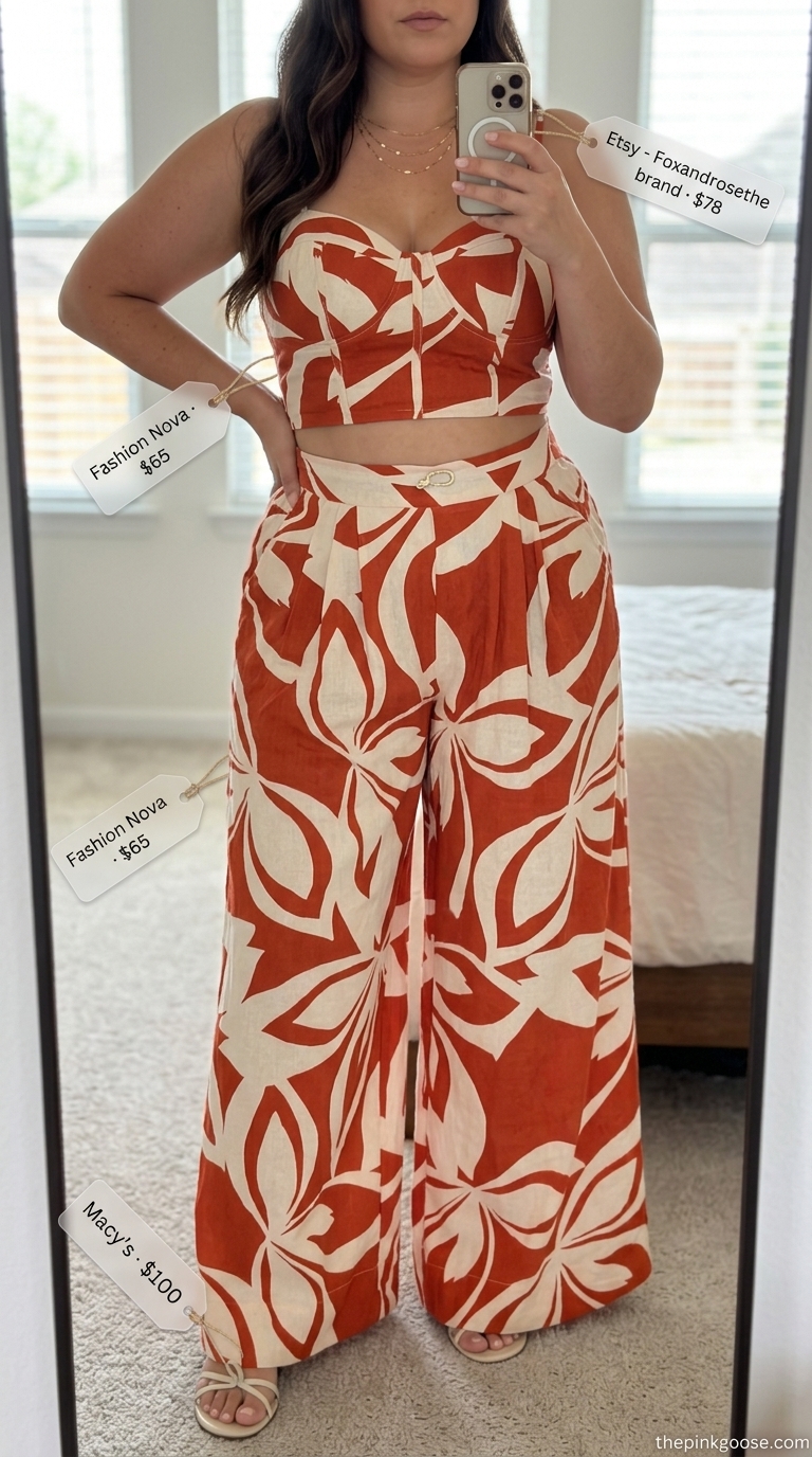 Hourglass curvy outfit summer 2026: Terracotta linen set with wide-leg pants and cropped top for vacation dinner.