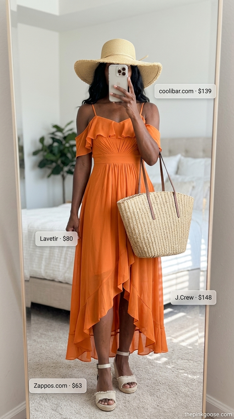 Hourglass curvy outfit summer 2026: Bright orange maxi dress, straw hat & tote, espadrille wedges. Ideal for beach parties.