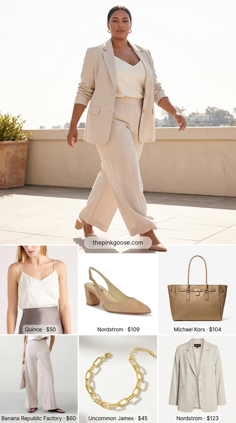 Hourglass curvy outfit summer 2026: Beige linen pantsuit with cream camisole and gold jewelry.